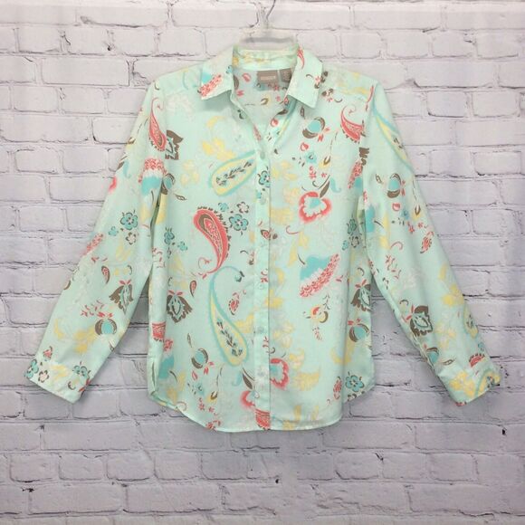 Chico's Shirt/Blouse Size 0/XS Paisley Floral Stretch Button Up Roll Tab Sleeves - Picture 1 of 6